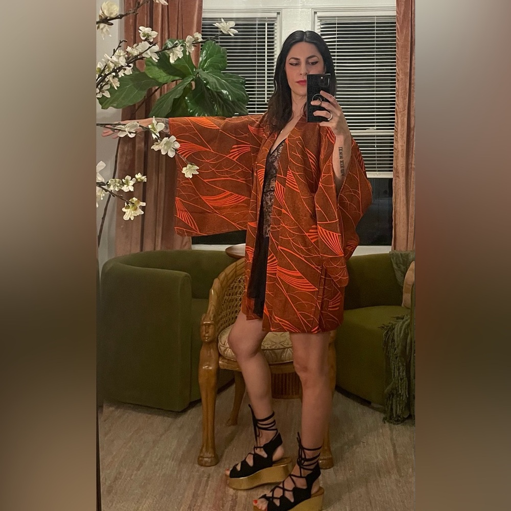 vintage Japanese kimono Haori overcoat goldfish fish geometric coverup swim